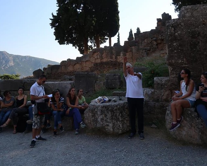 The Students of the Academical Year 2017-2018 during the in Situ Archaeoastronomy Lecture at the Apollo Temple at the Archaeological Site of Delphi.